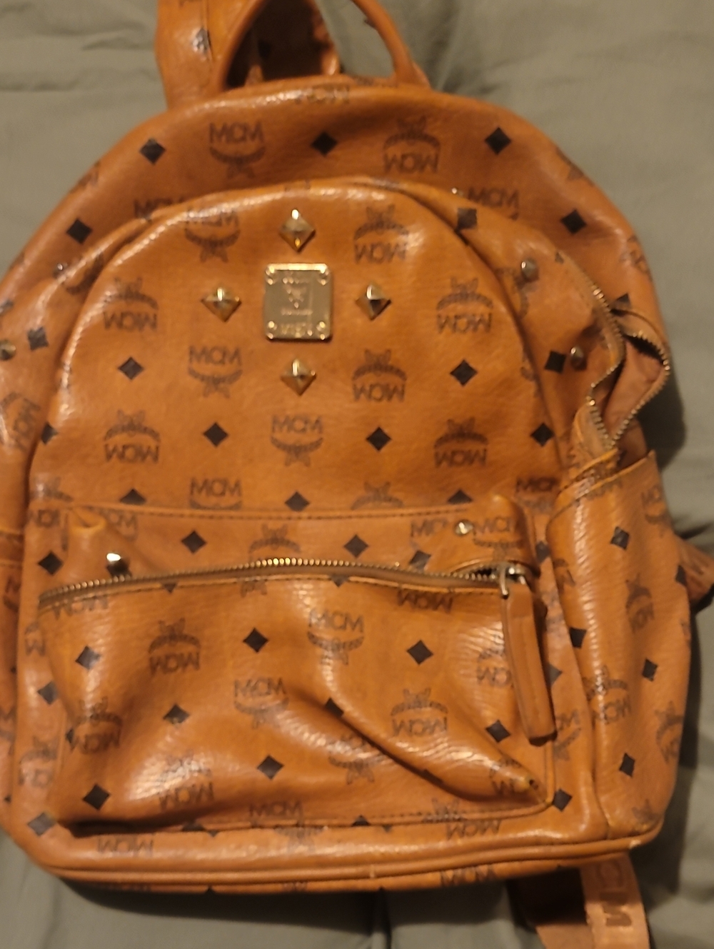 MCM Cognac Brown Monogram Leather Backpack with Gold Studs
